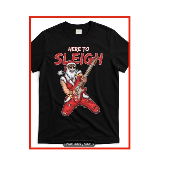 SANTA ROCKS Graphic HERE TO SLEIGH Tee MEN'S S NEW NEVER WORN SANTA with GUITAR - Picture 1 of 5
